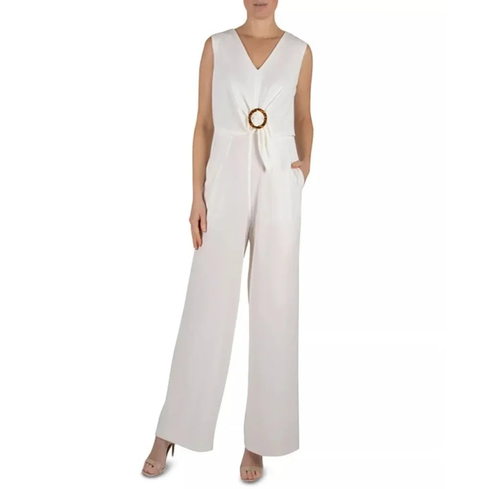 🆕 JULIA JORDAN Wide Leg Buckle Jumpsuit Romper Sleeveless Ivory 4 - Picture 2 of 8